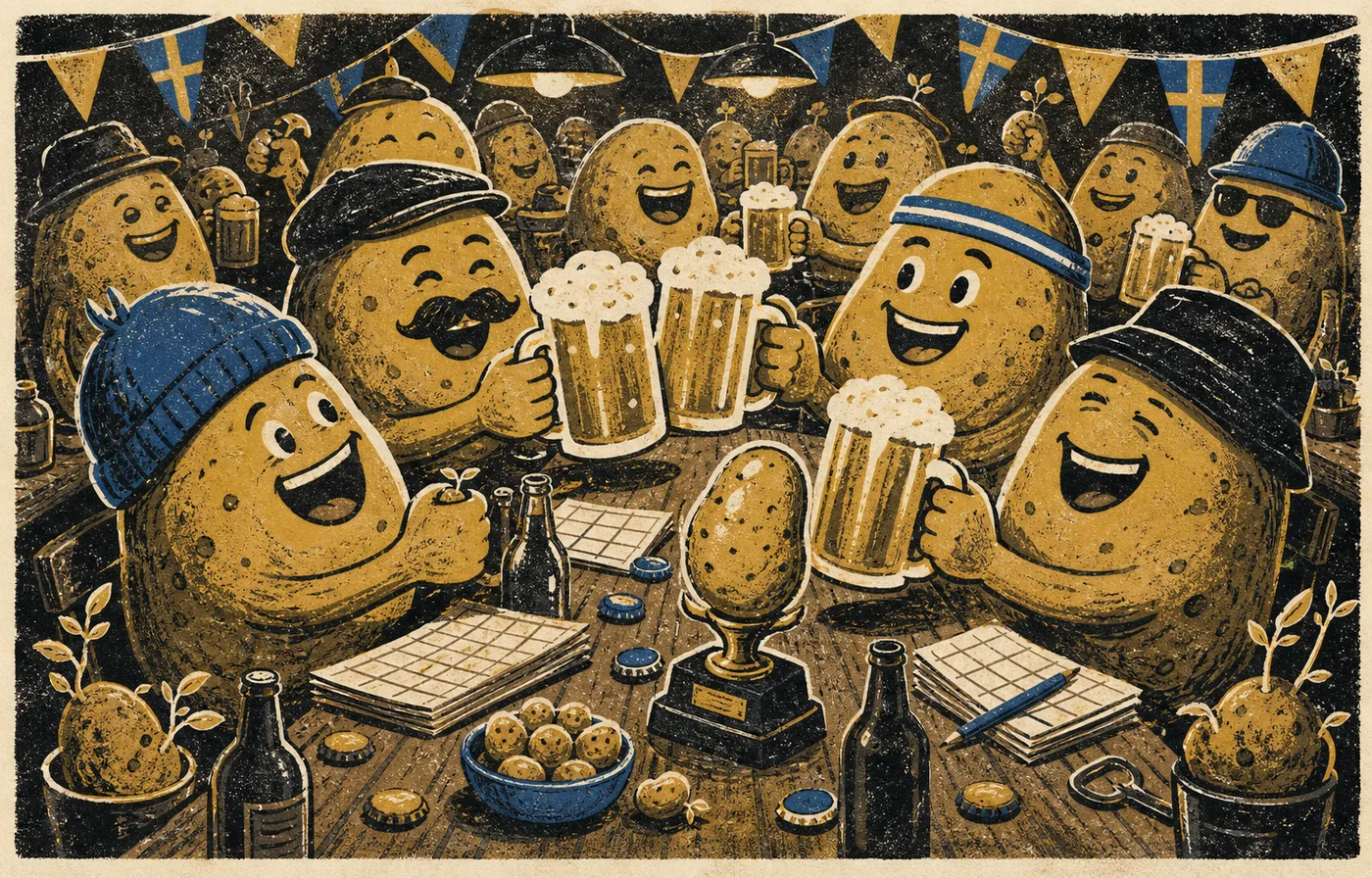 Illustrerade potatisfigurer som skålar runt Beerfest-bordet